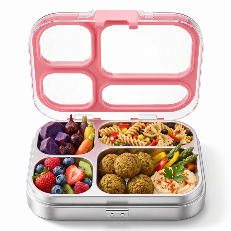Boîte à lunch Bento en acier inoxydable, 4 compartiments, étanche, légère, Rose