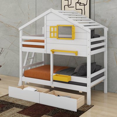 Twin Over Twin Bunk Bed With 2 Drawers, 1 Storage Box,1 Shelf, Window And Roof