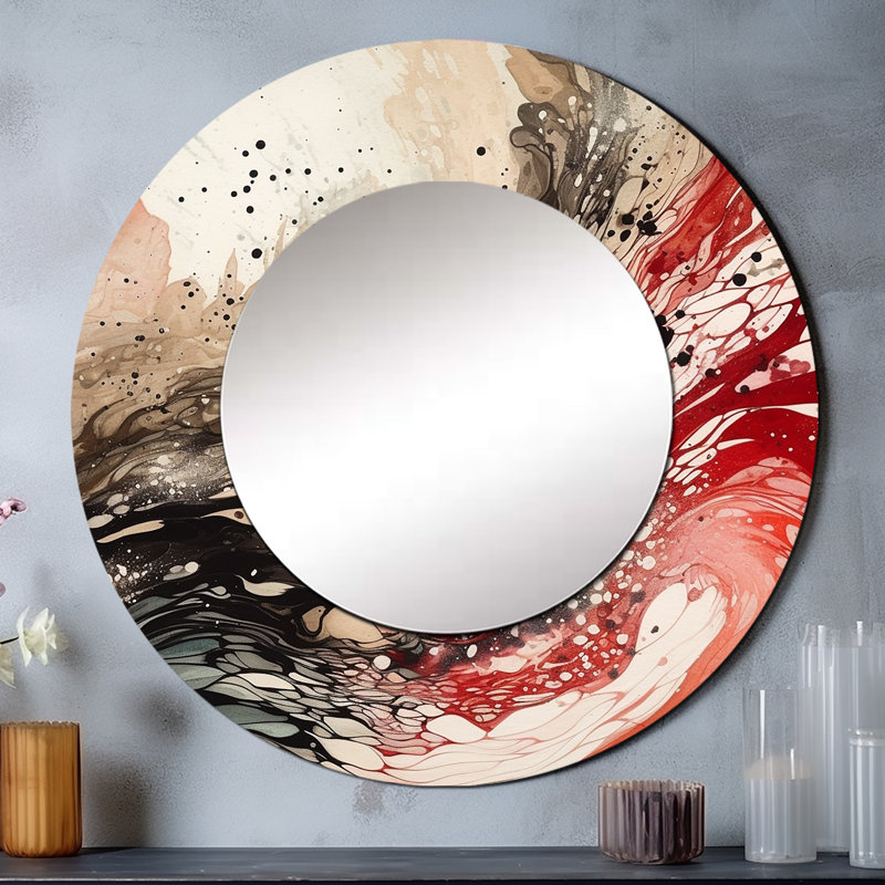 Agate rouge rouge et noire I - miroir décoratif abstrait, grand miroir mural rond moderne, impression d'art en métal