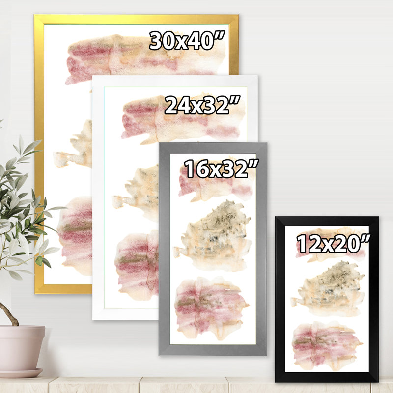 «Golden and Pink Abstract Clouds», peinture sur toile à cadre flottant, H 32 po x l 16 po x P 1 po, Toile avec cadre argenté