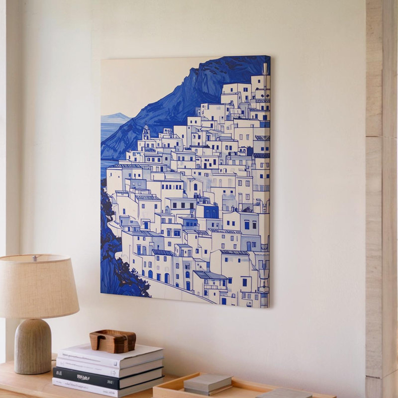 Art mural sur toile, ville méditerranéenne minimaliste, blanc et bleu de cobalt, art architectural prêt à être accroché à la galerie