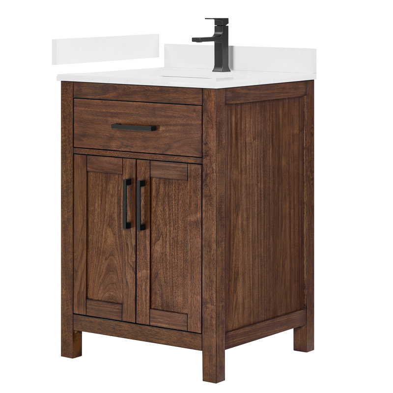 Beckett 24" Freestanding Single Bathroom Vanity with Quartz Top, Dark Walnut, Matte Black, White Quartz