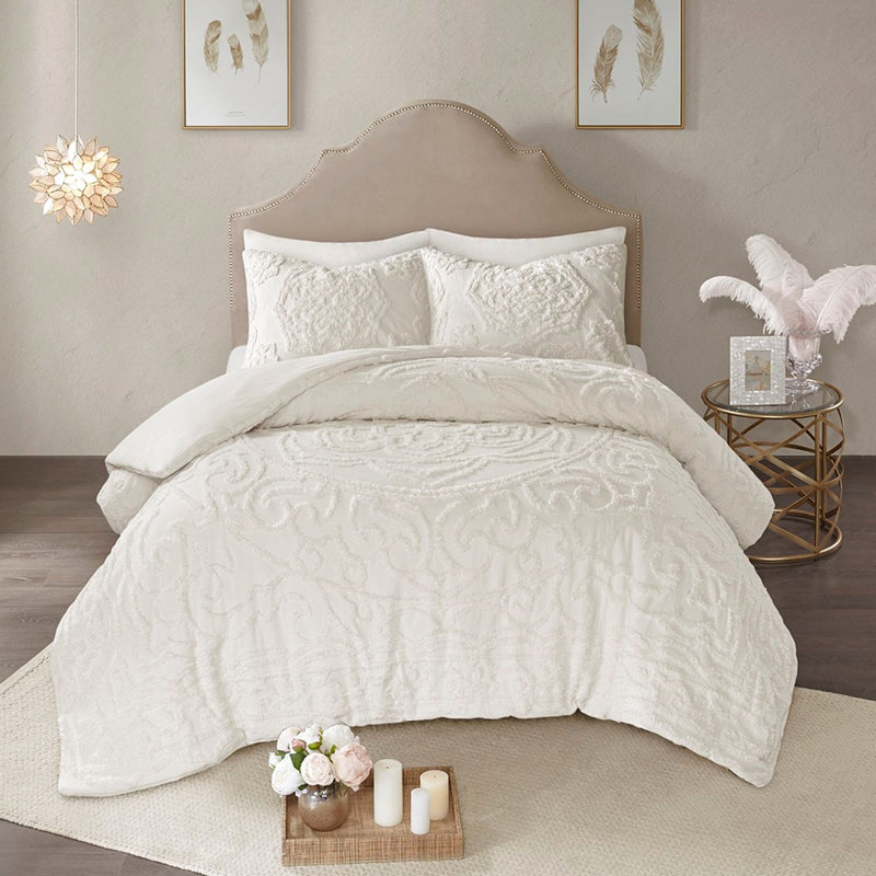 Housse de couette 3 médaillons en coton, double / grand, avec un design élégant double / grand chic et confortable, Off White