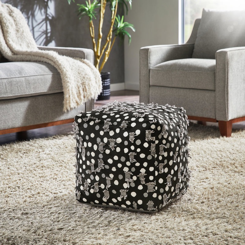Doniphan Upholstered Square Pouf Ottoman, Black/White/Gray Dots Fabric