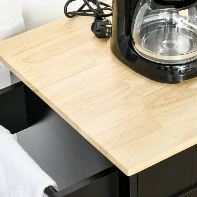 Îlot de cuisine avec rangement - noir. Dessus, tiroirs, armoires et porte-serviettes en bois naturel. Espace de travail supplémentaire. Organisez la cuisine. Facile à déplacer. Design moderne. L 43,7 po x l 18,1 po Capacité de 110 lb. Assemblage