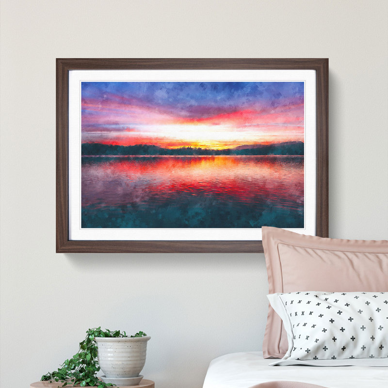 Sunset over Lake Windermere - Picture Frame Painting Print, 45cm H x 63cm W x 2cm D, Walnut Framed