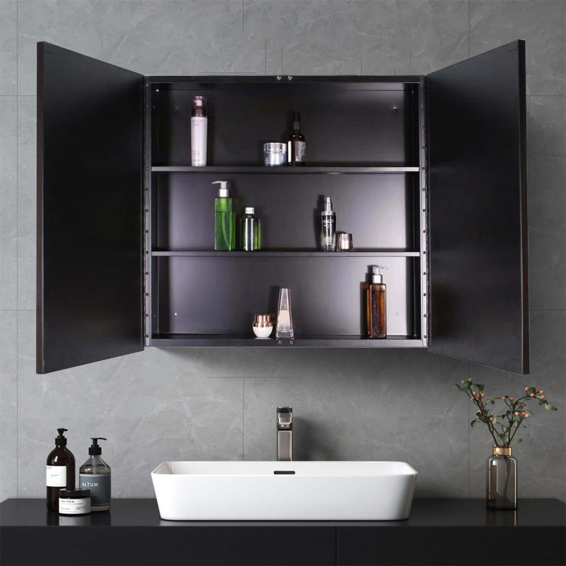 Armoire à pharmacie murale ou en métal avec miroir, H 26 po x l 30 po x P 5 po, Noir, noir, noir, noir