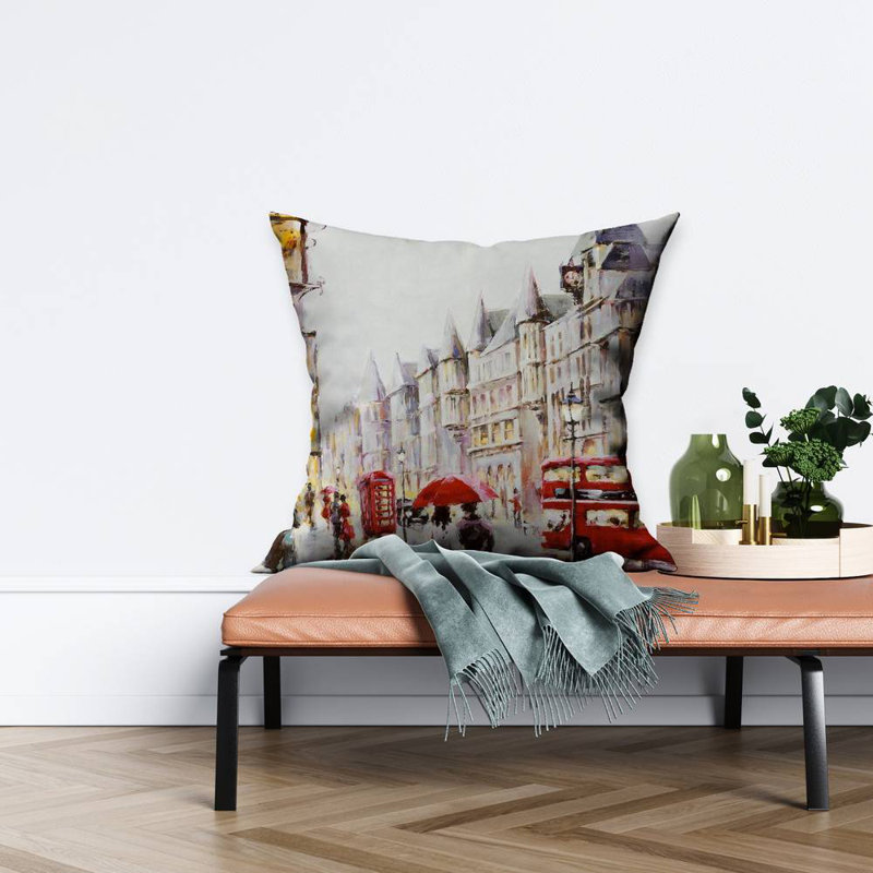 European street by a rainy day - 26"x26" Throw pillow cover - Poly twill - Print on demand, 26" H x 26" W