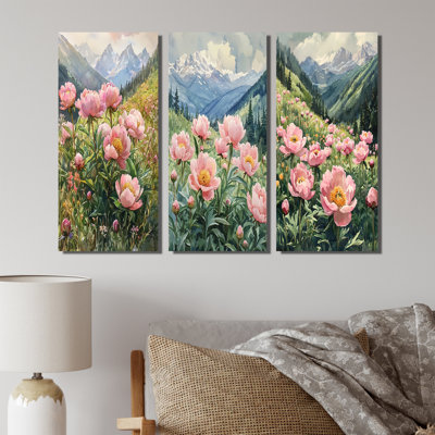 Pivoines dans la vallée balayée par le vent I - Collection d'art mural traditionnel 3 pièces