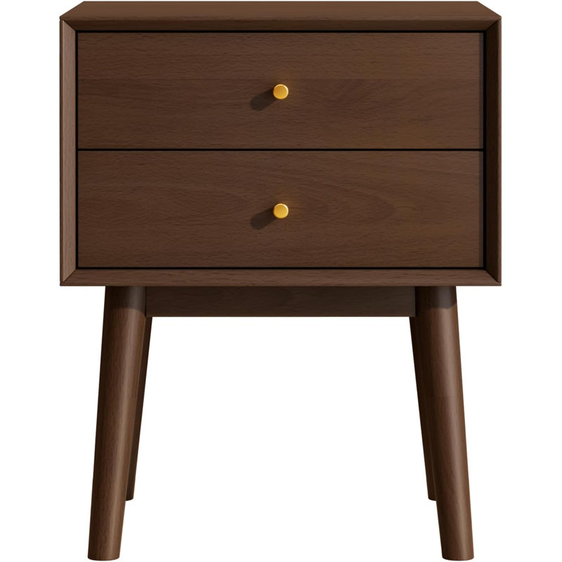 Table de chevet moderne Mid-Century avec 2 tiroirs, table de bout en bois massif, quincaillerie laiton rétro, Marron foncé
