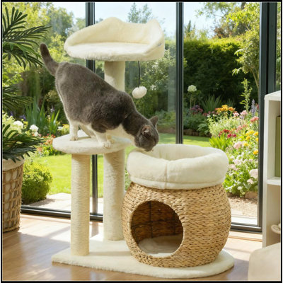Tour pour arbre à chat de 31 pouces avec poteaux à griffer, lits confortables et condo naturel à quenouilles pour un plaisir et une détente félins