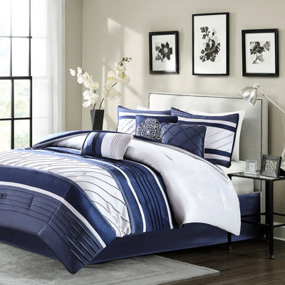Édredon 7 pièces bleu marine, literie traditionnelle avec rembourrage, comprend l'édredon, taies décoratives, carrés et coussins bleu marine, coussins lustrés 2 1, lavable