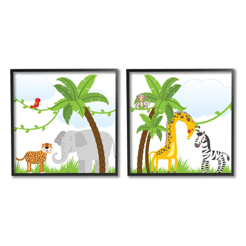 Reproduction de la scène des animaux de la jungle, encadrée sur bois, 2 pièces par Kim Allen, Giclée encadrée noir minuit