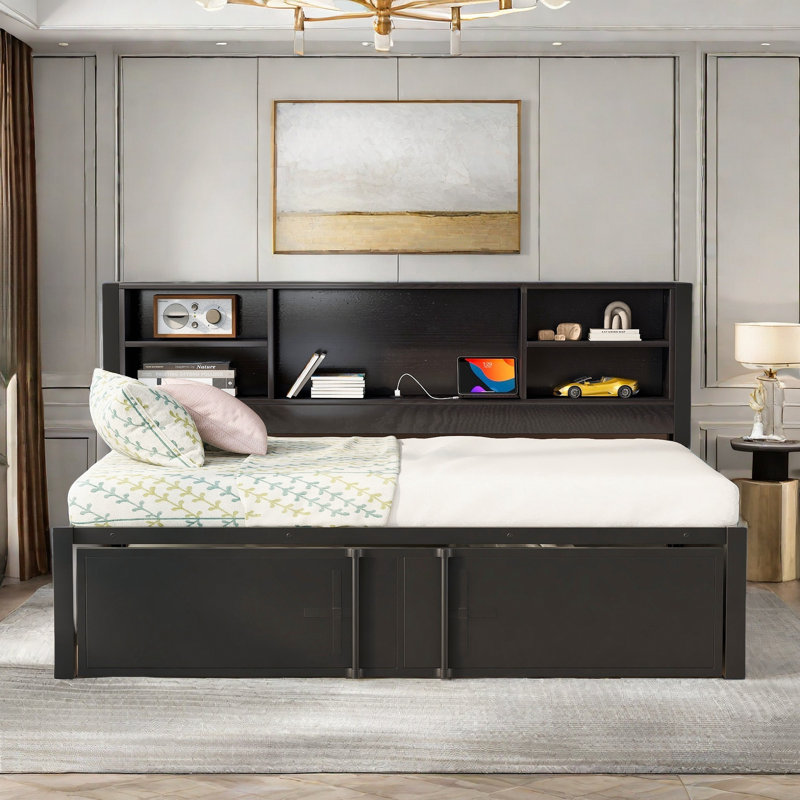 Lit de jour Aivah avec lit gigogne simple, tablettes de rangement et ports USB