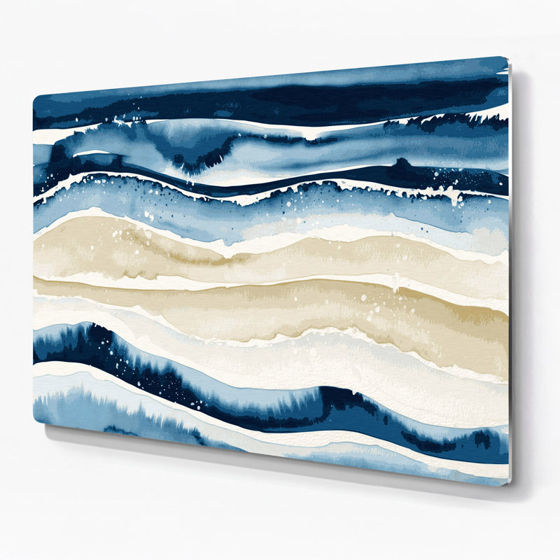 Art mural horizontal rayé bleu marine ivoire en métal beige, H 11 po x l 14 po