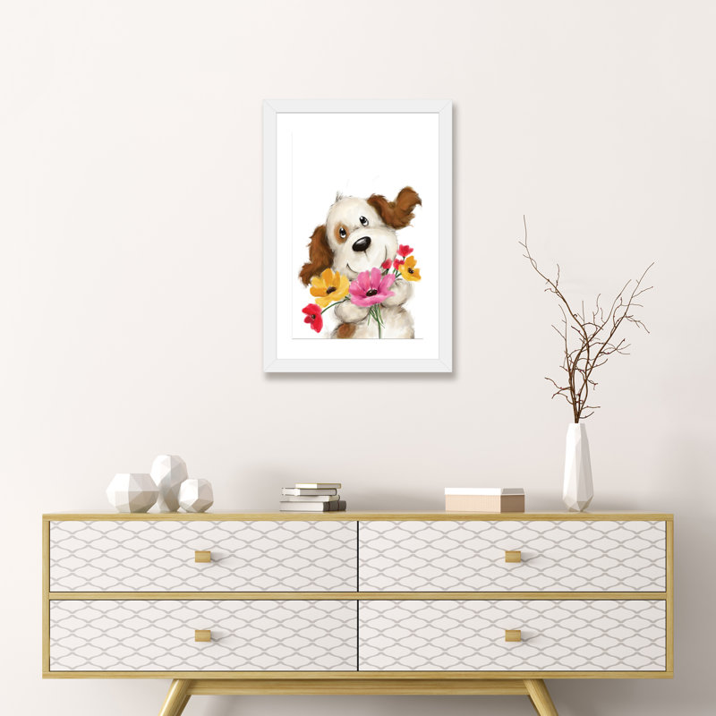 «Dog with Flowers II» par Makiko - reproduction d'art, Papier encadré blanc, Blanc, H 24 po x l 16 po x P 1 po