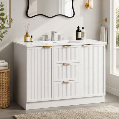 Armoire de salle de bain 47,8 pouces, base de meuble-lavabo autoportant en panneau de fibres à densité moyenne avec 2 tiroirs et 2 portes, armoire de rangement avec support à deux niveaux, tablettes réglables, charnières à fermeture en douceur