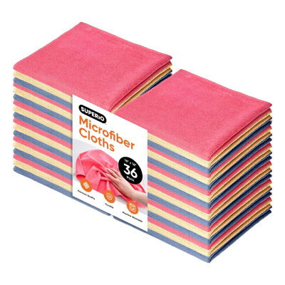 Chiffon de nettoyage en microfibre pour voitures Superio, chiffons de nettoyage de cuisine pour l'entretien ménager, serviettes en microfibre de 16 po pour la maison, la salle de bain, débarbouillettes tout usage non pelucheuses et sans peluches (multicolore), paquet de 36