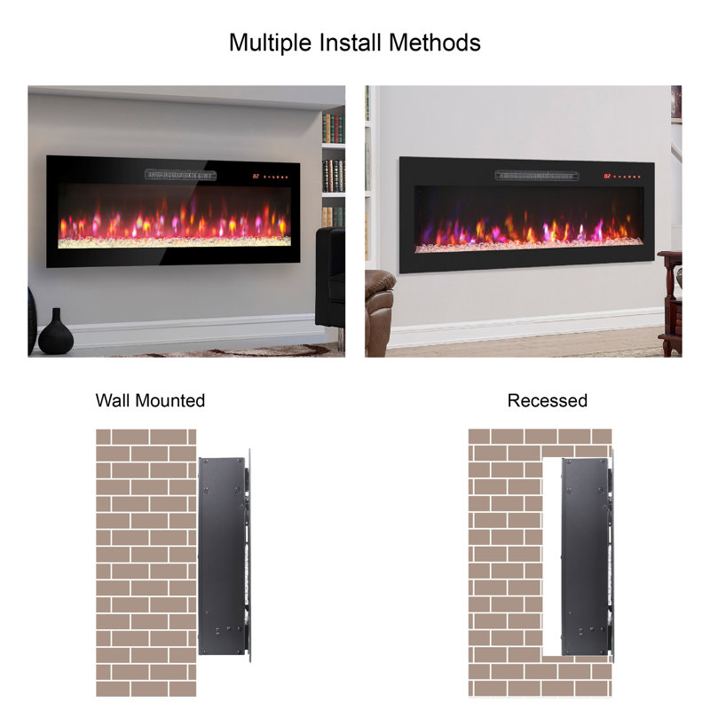 Electric Fireplace 60", Tempered Glass Front, Multi Color Flames & , 1400W Heat, Remote, 7.87 In Package Width  Thin 60 Inch Fireplace, Flame Protection Features