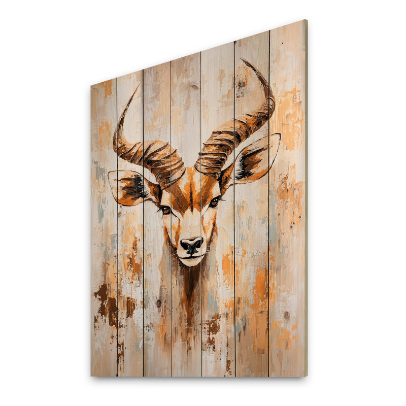 Antilope d'Afrique, cornes en spirale II - impression moderne en bois brun sur bois de pin naturel, H 20 po x l 10 po