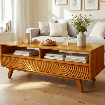  Harmony 47.2”W Coffee Table with Storage, Rectangular Wood Center Table for Living Room, Multiple Colors, Dual Solutions - 2 Smooth Drawers & Open Storage, Caramel Finish