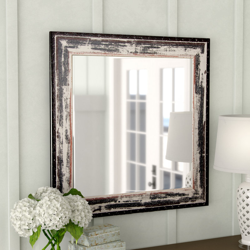 Eilany Wood Flat Wall Mirror, 32.5" H x 32.5" W, Distressed Rustic Ivory /Black/Brown