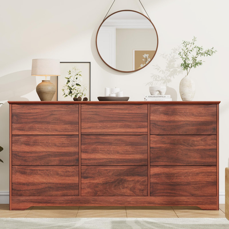 Commode 9 tiroirs moderne avec poignées cachées, grande commode double de 59 po pour le couloir de la chambre à coucher