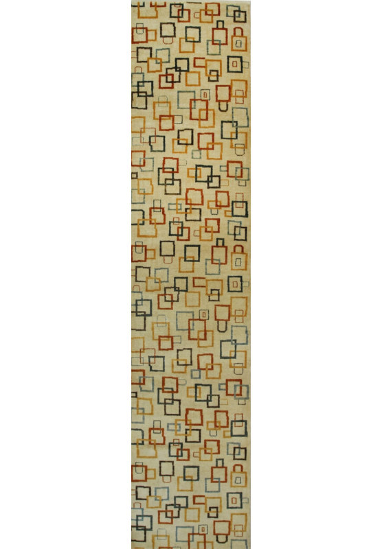 Ivory Hand-Knotted Wool Floating Open Squares Geometric Modern Contemporary Carpet Rug, 12' x 14'