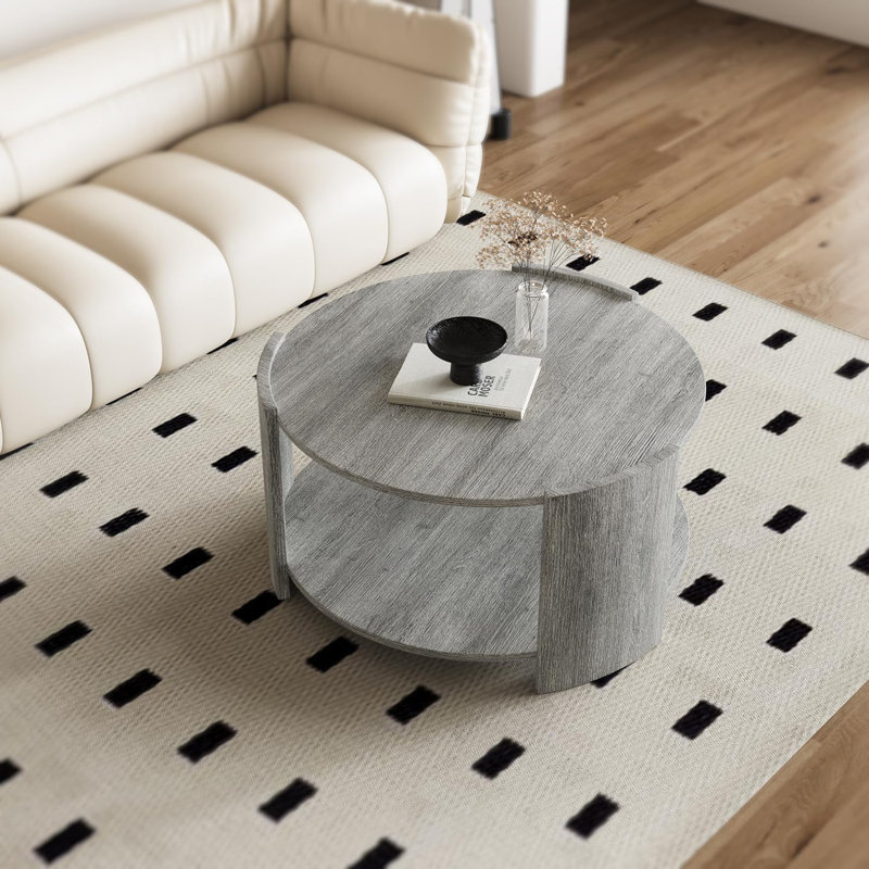 Gray Round Wooden Coffee Table with 2-Tier Storage Shelf