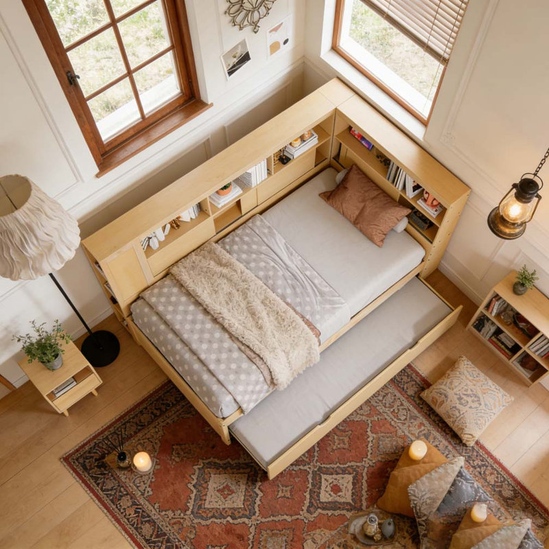 Twin Size Wood Daybed with Storage Shelves, USB and Trundle, Natural