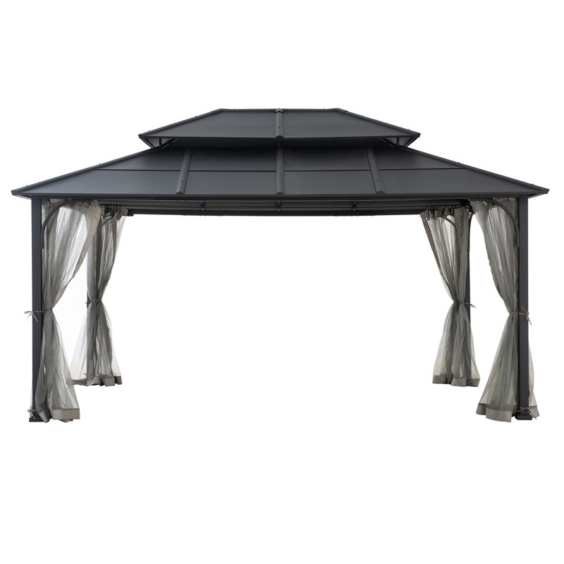Sunjoy 12 x 16 ft. Black Steel Hardtop Gazebo with Netting