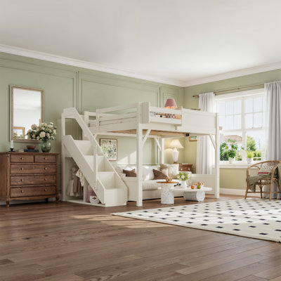 Full Size Wood Loft Bed with Built-in Wardrobe & Storage Shelves Stairs Full-Length Guardrails No Box Spring - Beige