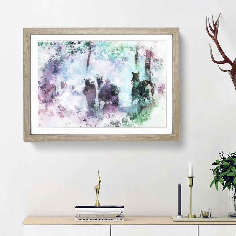 Horses in a Colourful Forest in Abstract - Picture Frame Painting Print, 48cm H x 65cm W x 2cm D, Oak Framed