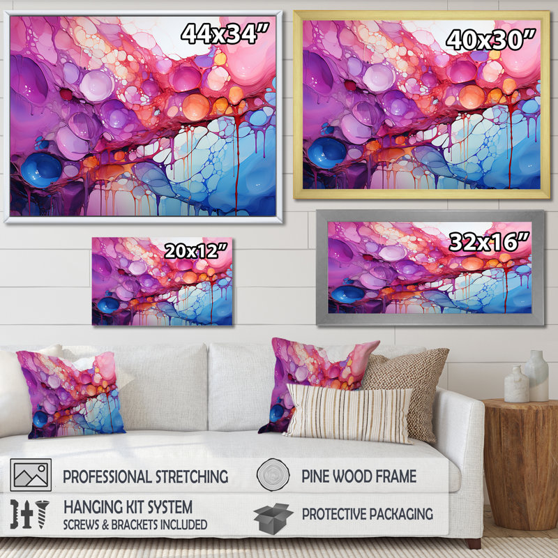Symphonie mauve et bleue goutte à goutte - décoration murale goutte à goutte, Cadre doré simple, H 34 po x l 44 po x P 1,5 po