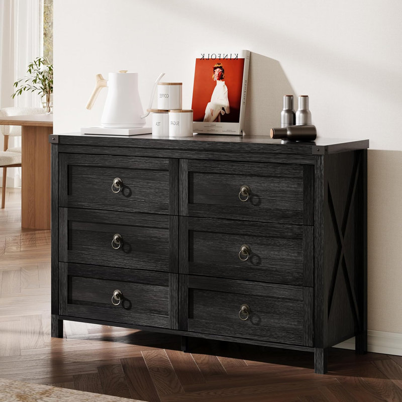 Commode double 6 tiroirs Breakwater Bay Farmhouse, Noir, noir, noir, noir