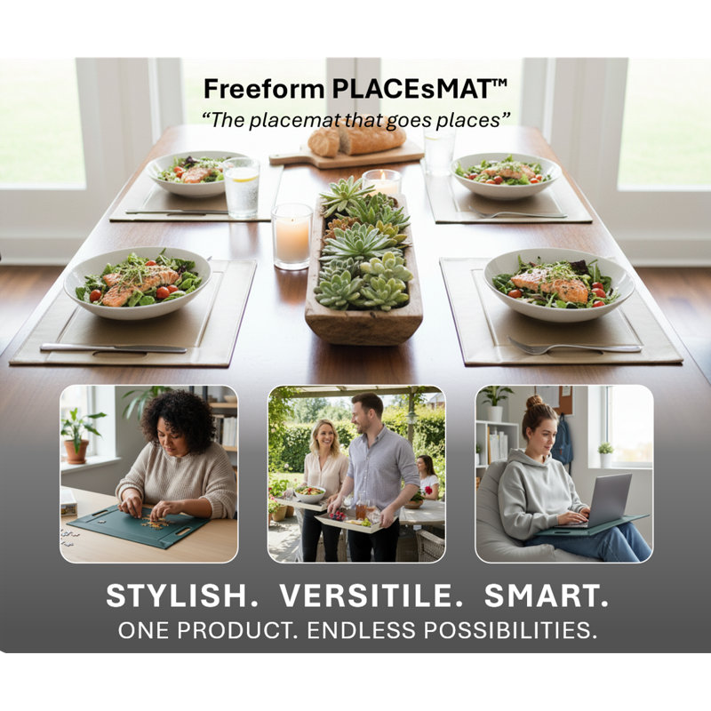 Plateau de service et napperon convertible 2-en-1 Freeform Freeform, similicuir de qualité supérieure - plateau repose-pieds, plateau de canapé et plateau de recouvrement avec poignées, réversible - bleu sarcelle et blanc, 4 pièces