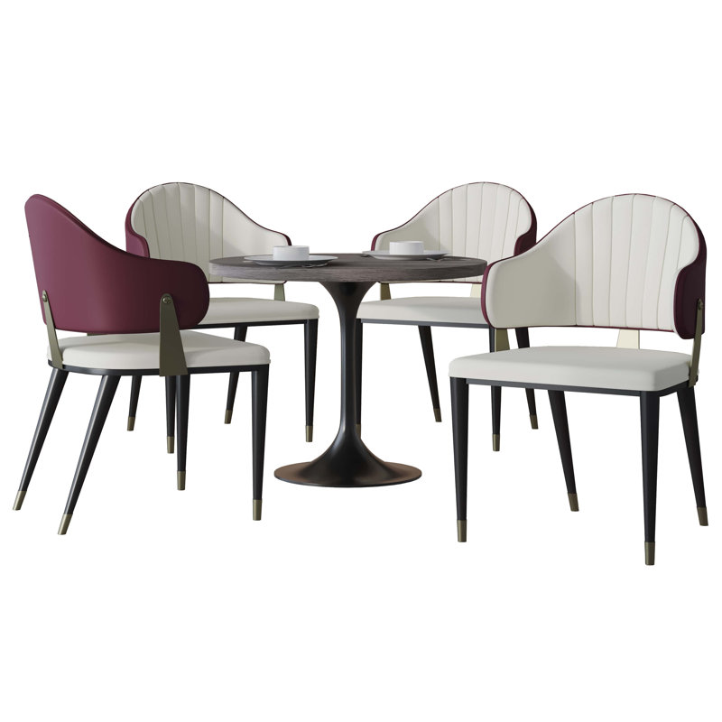 LeisureMod 5-Piece Dining Set, Modern 36-Inch Round Kitchen Table and 4 Upholstered Dining Chairs, PU Leather Mid Century Dinette Set with Metal Pedestal Base for Small Spaces, Apartment, and Café