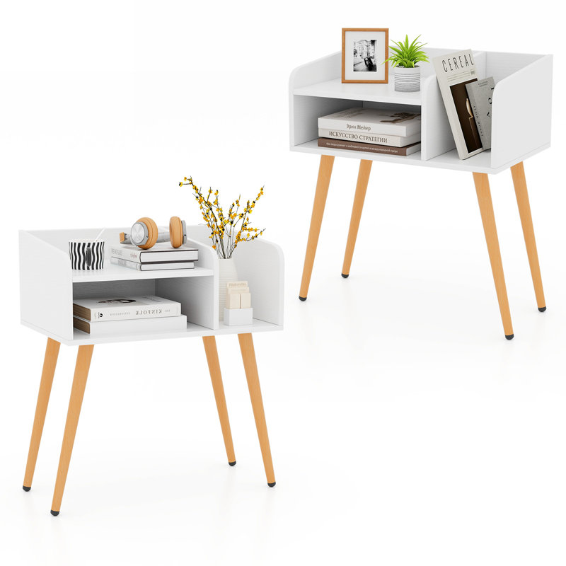 Table de chevet à 2 niveaux avec tablettes ouvertes, table d'appoint, Brun, Blanc