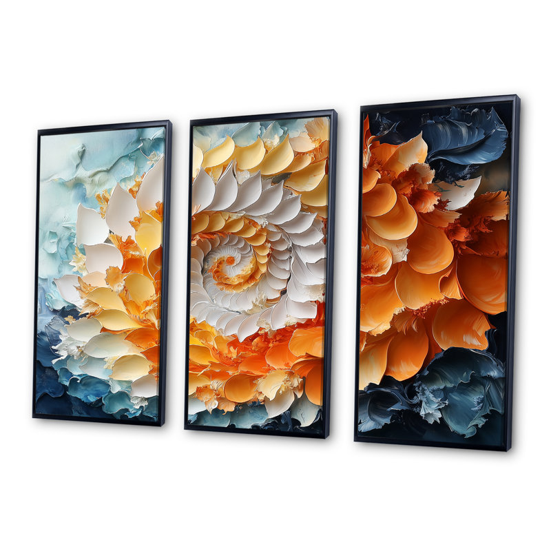 «Yellow and Orange Sunrise Abstract Waves III», ensemble d'art mural spirales abstraites, Toile avec cadre flottant noir