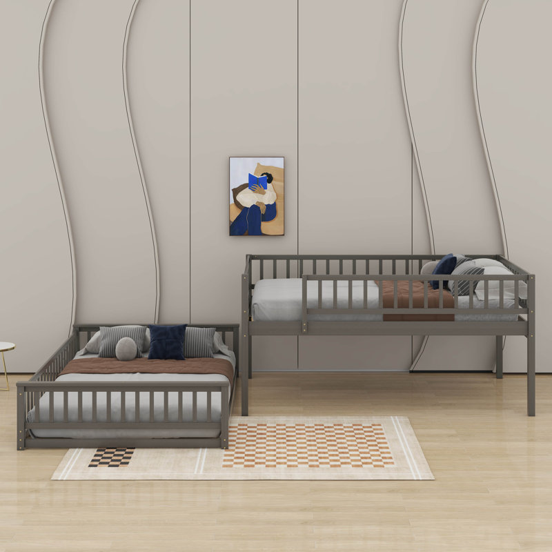 Full XL Over Queen Bunk Bed With Guardrails And Ladder, Gray