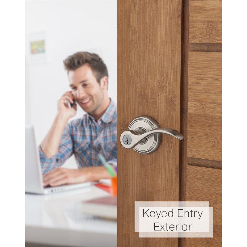 Tobin Keyed Door Lever with Round Rose and Smartkey, Satin Nickel