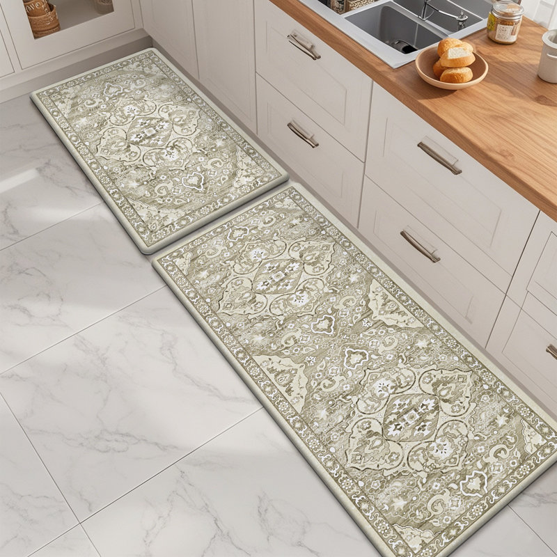 Jainiyah Anti-Fatigue Non-Skid Waterproof Kitchen Mat (Set of 2), Runner 18" x 30" + 18" x 48", Brown/Beige