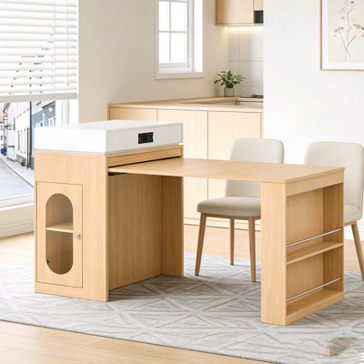 Extendable Dining Table with Folding Tabletop, Bar Table with Drawers and Power Outlet, Kitchen Island with Wheels and Hooks