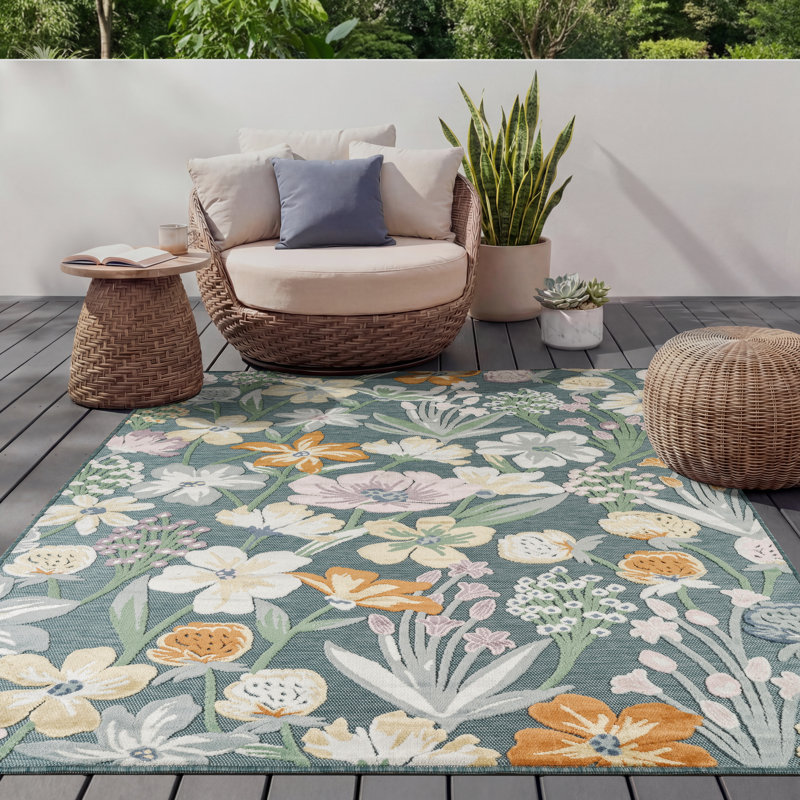 Abani Rugs Terase SAK140A Indoor/Outdoor Botanical Teal Area Rug, 4' x 6'