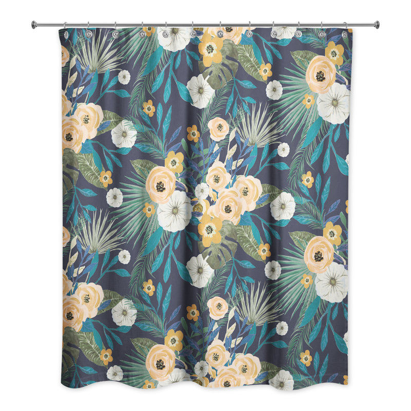 Ensemble de rideau de douche en polyester à motif floral tropical et crochets, Bleu