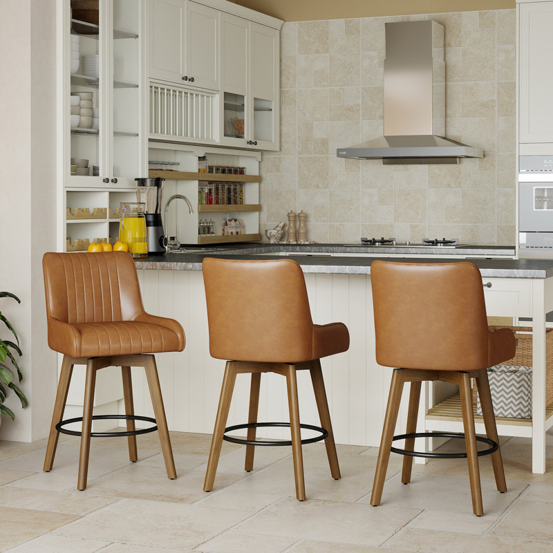 Extra-Wide 360° Swivel Bar Stool With Pocket Spring Seat & Solid Wood Base, Brown