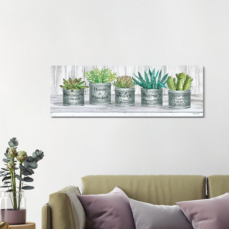 Galvanized Pot Succulents II by Cindy Jacobs - Panoramic Painting on Canvas, Wrapped Canvas