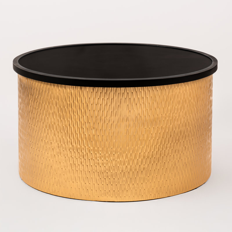 Modern Accent Cylindrical Round Coffee Table with Black Top, Gold