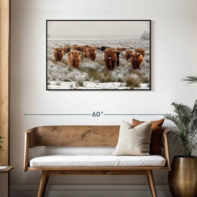 Winter Highland Cows, Cadre flottant noir, 43 po x 29 po