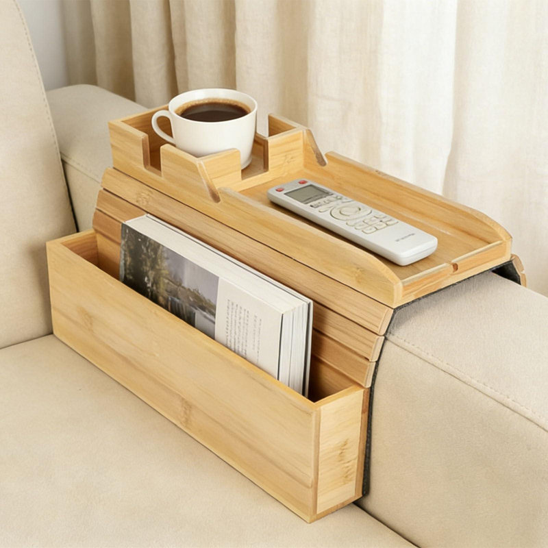 Foldable Sofa Armrest Tray With Storage, Anti-Slip Cup Holder & Coaster, Splash-Proof Remote Caddy For Snacks And Phones, (Natural)